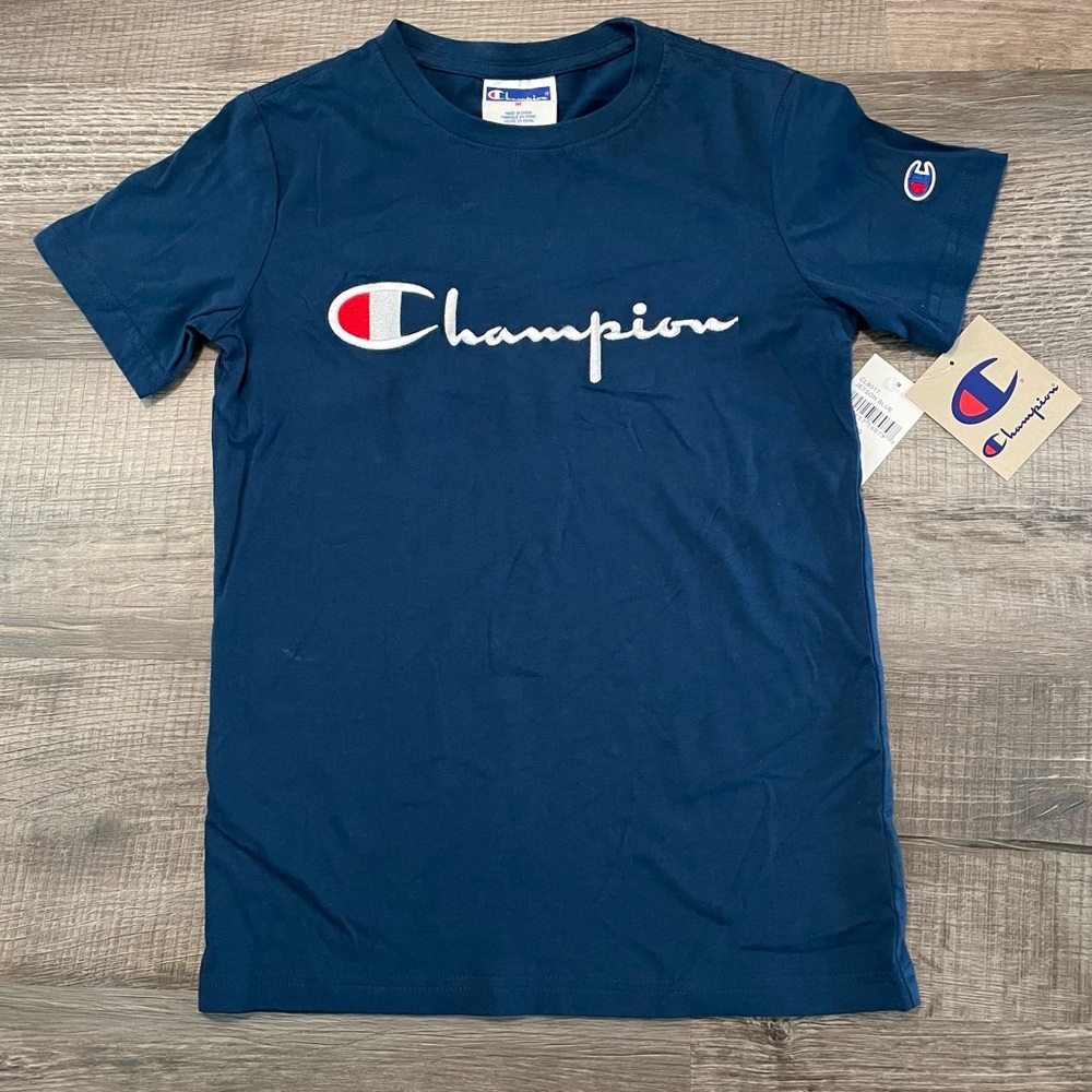 New Champion Boys Medium T- Shirt Embroidered Navy Blue Short Sleeve